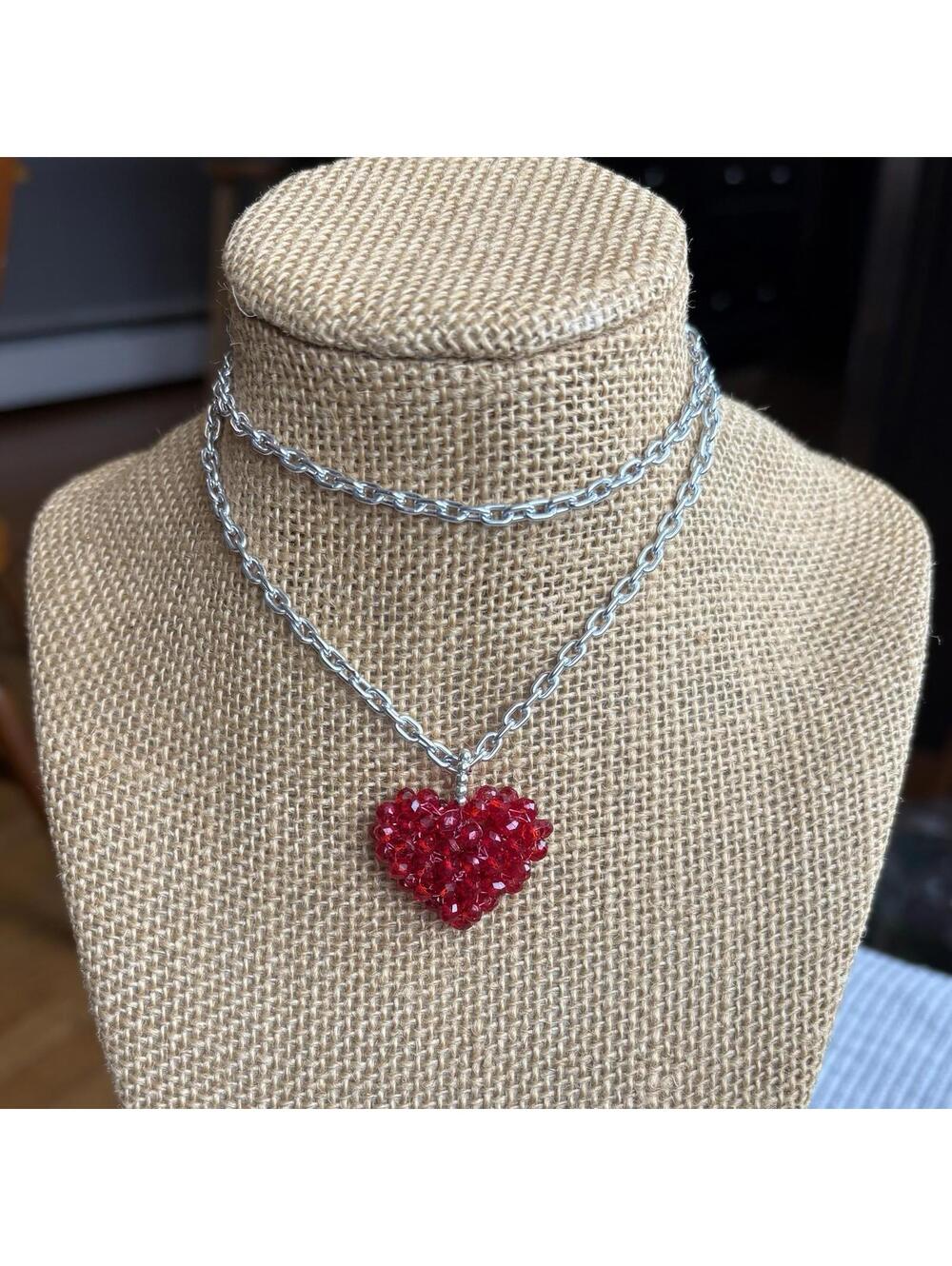 Red Beaded Heart Pendant Necklace Silver Tone Chain Statement